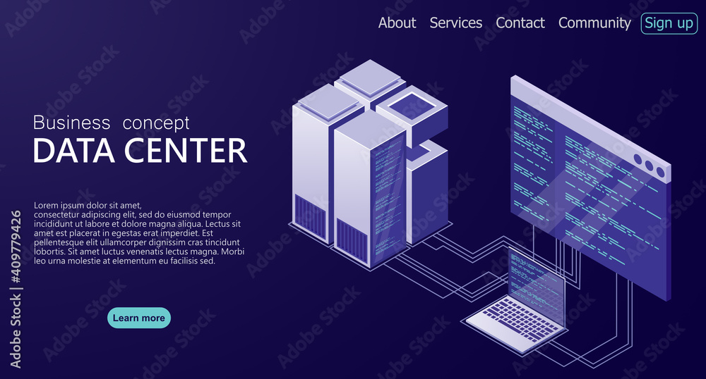 Poster hosting server or data center room concept. isometric data center. isometric servers vector design. 
