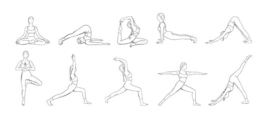 Yoga asana set. Set of woman exercising yoga illustrations. Hand drawn sketch vector illustration isolated on white background