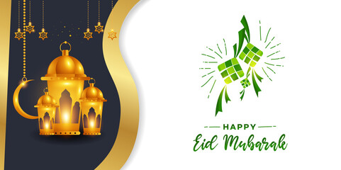 Hari Raya Idul Fitri greeting card template design. Eid mubarak greeting card, poster, banner or invitations template design. Ketupat on vector background.