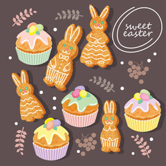 set of sweet traditional pastries for the Easter holiday. cookies in the form of a family of hares or rabbits, sweet cupcakes with icing and marzipan eggs. flat drawing with texture. EPS 10.
		