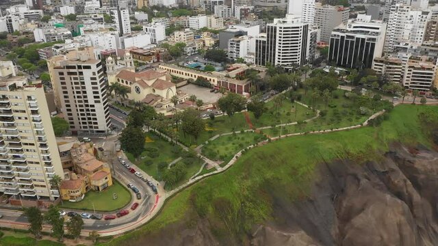 Aerial view of Domodossola park in Miraflores, lima, Peru, circa 2021.