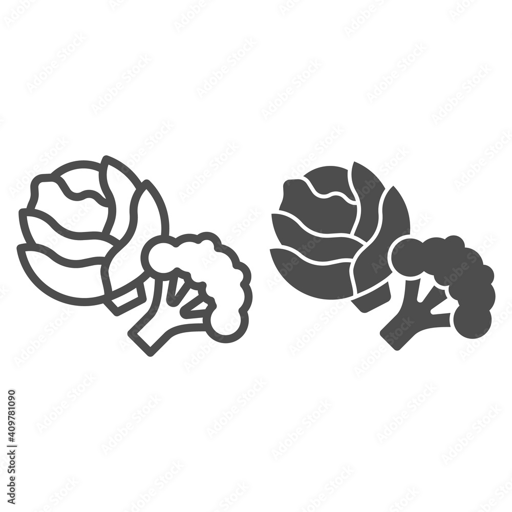 Aufkleber cabbage and broccoli line and solid icon, diet concept, vegetable sign on white background, fresh ca
