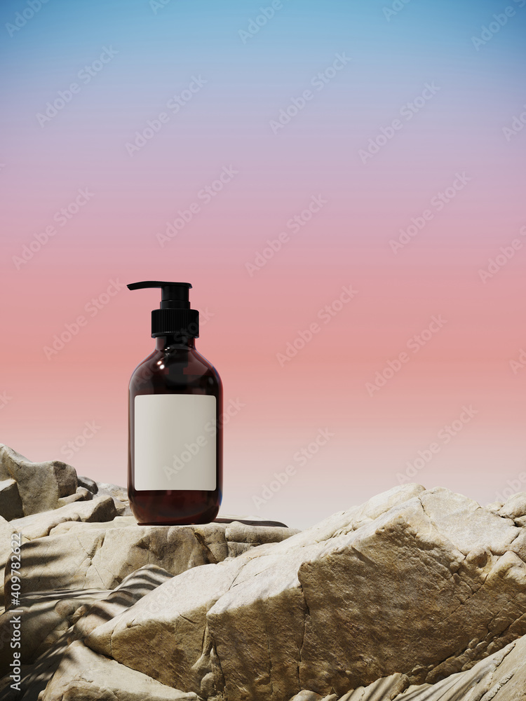 Poster minimal mockup background for product presentation. cosmetic bottle and beige stone on sand beach wi