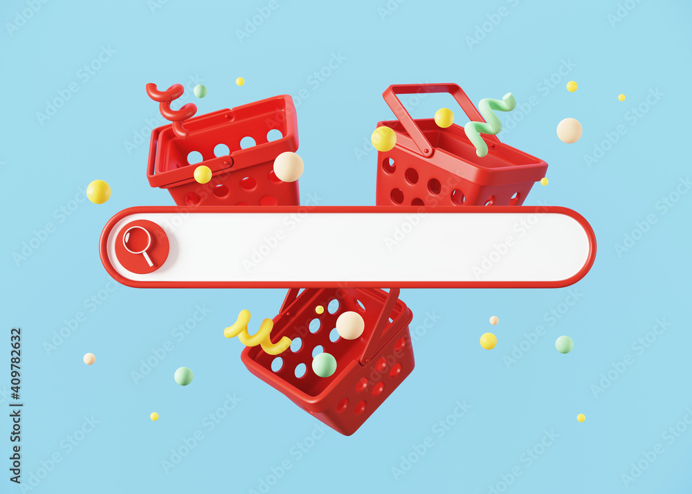 Poster minimal abstract background for online food and grocery concept. blank web search bar and shopping b