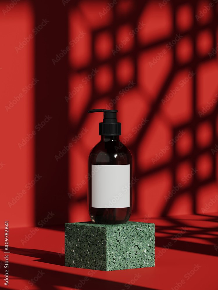 Poster minimal beauty mockup for product presentation. cosmetic bottle and green terrazzo podium with chine