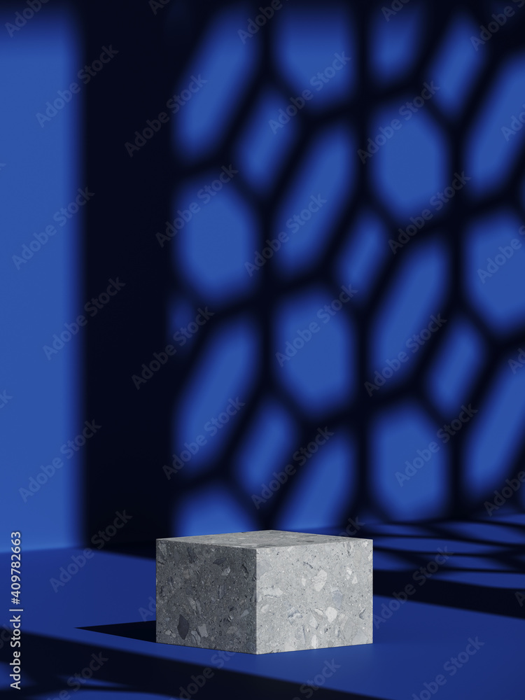 Poster minimal beauty mockup for product presentation. grey stone podium with chinese pattern shadow on blu