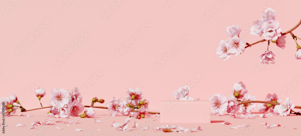Poster minimal mockup background for product presentation. pink podium and cherry blossom flower on pink ba