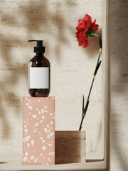 Minimal mockup background for product presentation. Cosmetic bottle on terrazzo podium and red carnation flower with leaf shadow. Clipping path of each element included. 3d rendering illustration. 