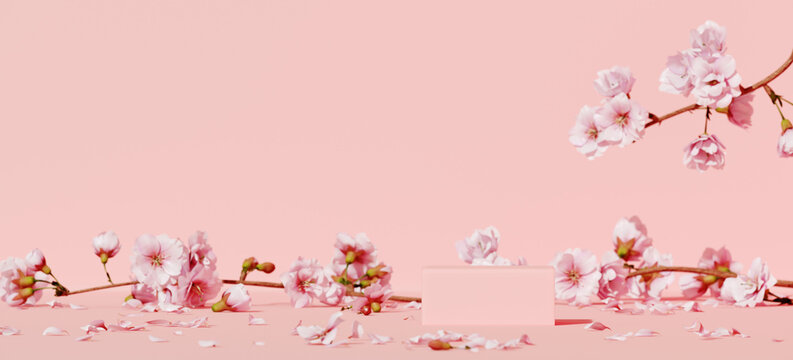 Minimal mockup background for product presentation. Pink podium and cherry blossom flower on pink background. Clipping path of each element included. 3d rendering illustration.