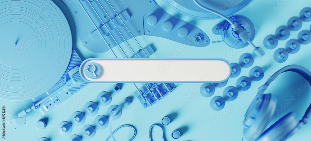 Poster minimal abstract background for online music concept. blank web search bar on blue music instrument 