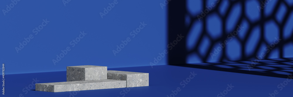 Poster minimal beauty mockup for product presentation. grey stone podium with chinese pattern shadow on blu