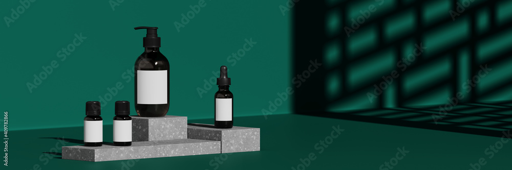 Poster minimal beauty mockup for product presentation. cosmetic bottle and stone podium with chinese patter