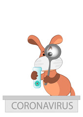 The dog looks at the virus in the magnifying glass.