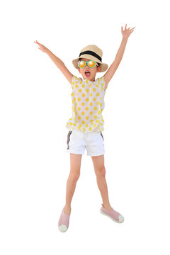 Happy Asian Little Child Girl Wearing Sunglasses And Straw Hat Jumping Over White Background Isolated With Clipping Path. Summer And Fashion Concept