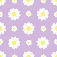 Seamless floral pattern. White daisies or daisies on a lilac background. Endless ornament for textiles and fabrics, wrapping paper, packaging. Vector image. Flat style.

