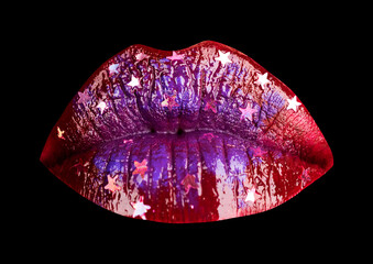 Woman sexy makeup lips isolated on black background as art painted mouth metallized color with violet shade.