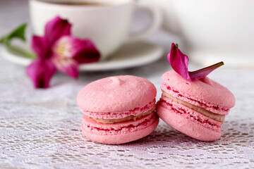 Pink macaroon (macaron) closeup on white table background. Sweet tasty strawberry macaroon and cup of coffee for breakfast dessert. French cookies macaroons - cute cake of meringue almond biscuit
