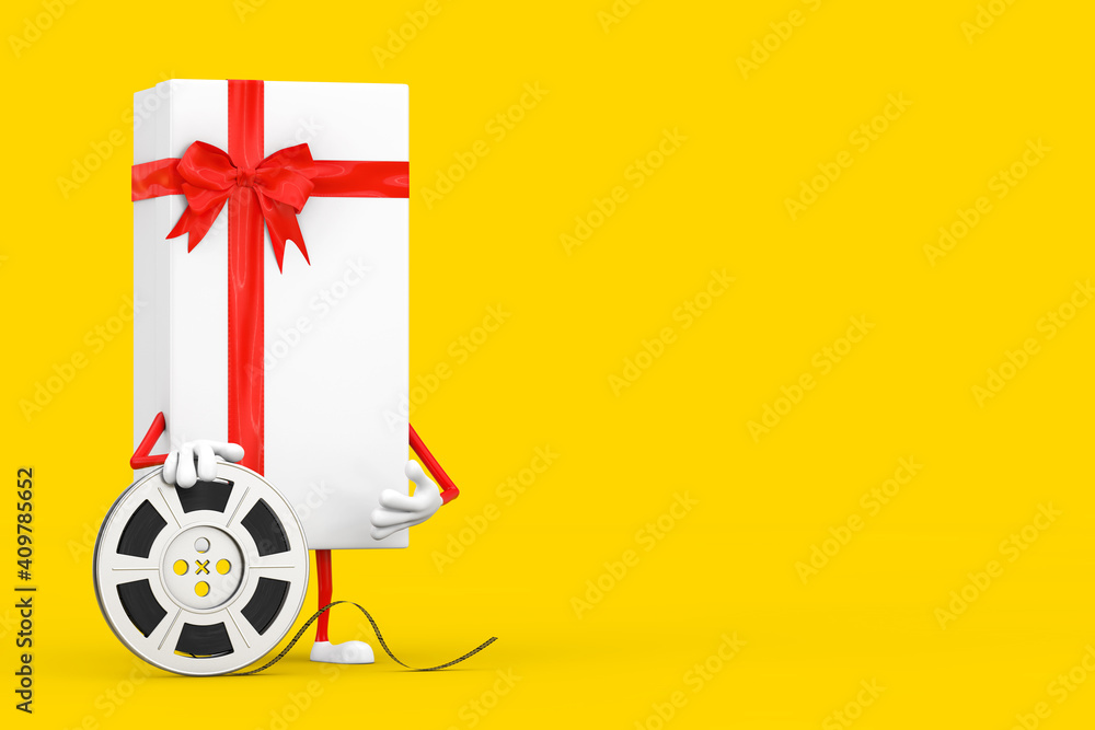 Poster white gift box and red ribbon character mascot with red map pointer target pin. 3d rendering