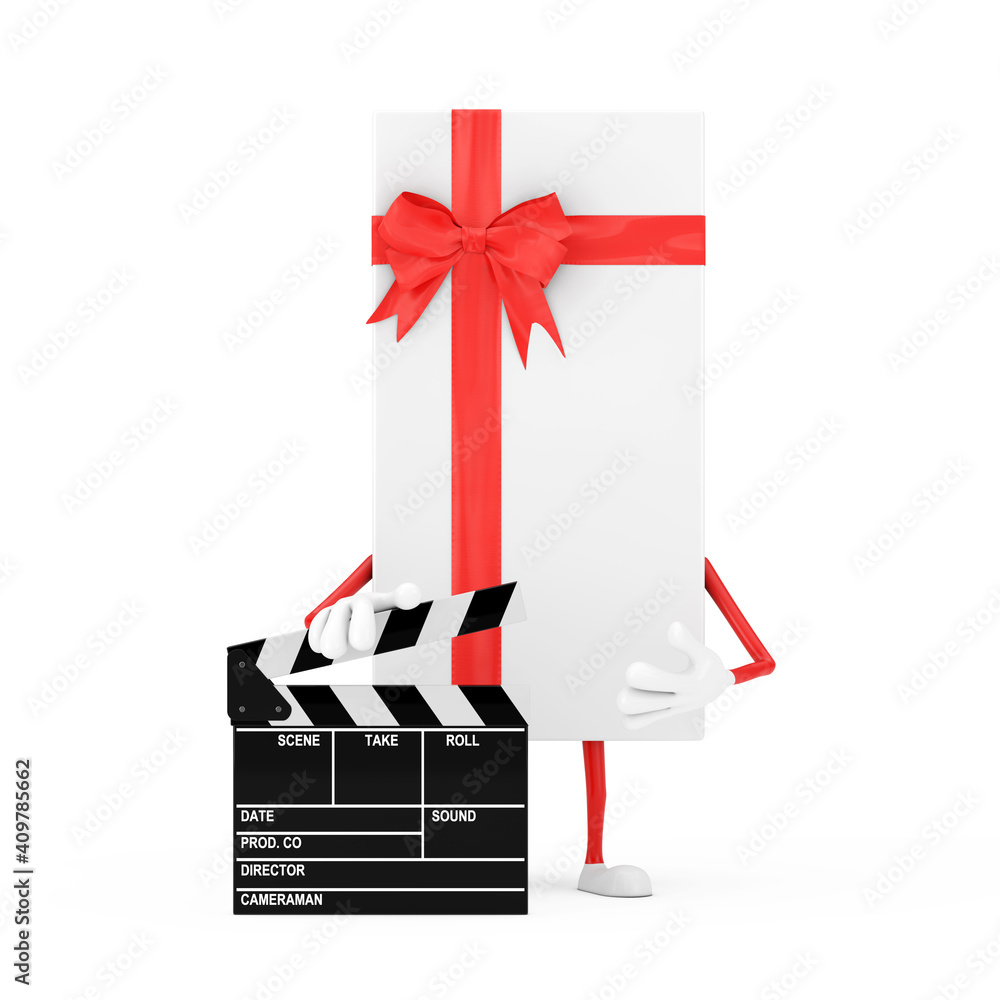 Poster white gift box and red ribbon character mascot with movie clapper board. 3d rendering