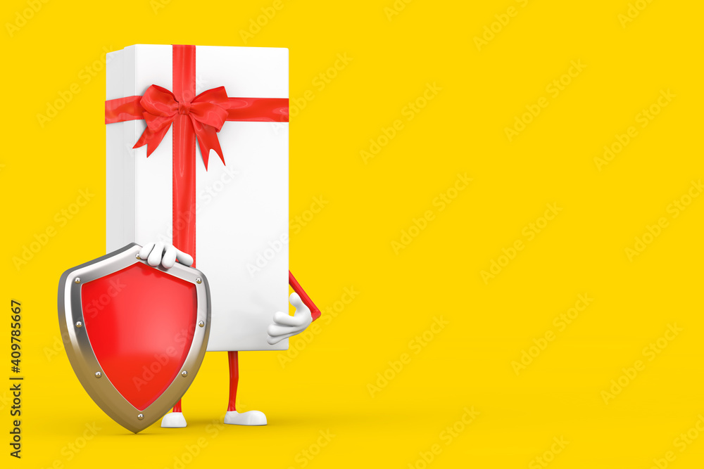 Poster white gift box and red ribbon character mascot with red metal protection shield. 3d rendering