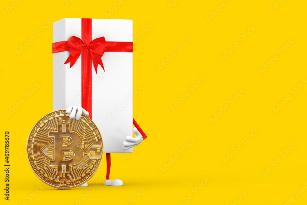 Poster White Gift Box and Red Ribbon Character Mascot with Digital and Cryptocurrency Golden Bitcoin Coin. 3d Rendering