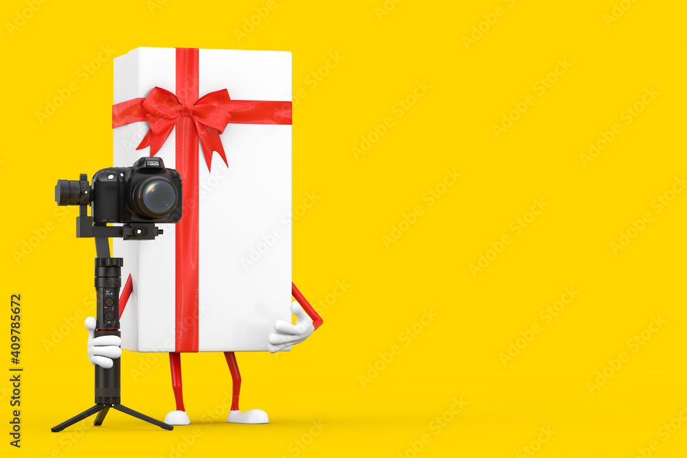 Aufkleber white gift box and red ribbon character mascot with dslr or video camera gimbal stabilization tripod