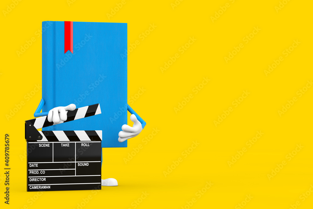 Aufkleber blue book character mascot with movie clapper board. 3d rendering