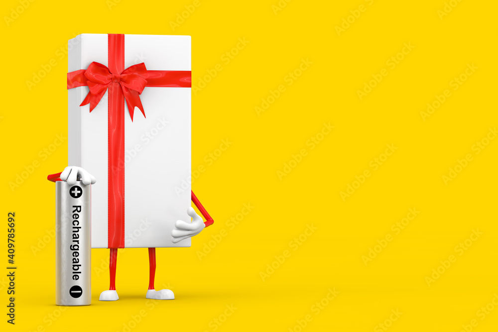 Poster white gift box and red ribbon character mascot with rechargeable battery. 3d rendering
