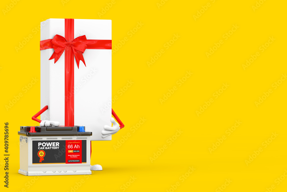 Poster white gift box and red ribbon character mascot and rechargeable car battery 12v accumulator with abs
