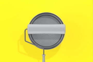 Ultimate Gray Paint Can Top View with Paint Roller on a Illuminating Yellow Colour. 3d Rendering
