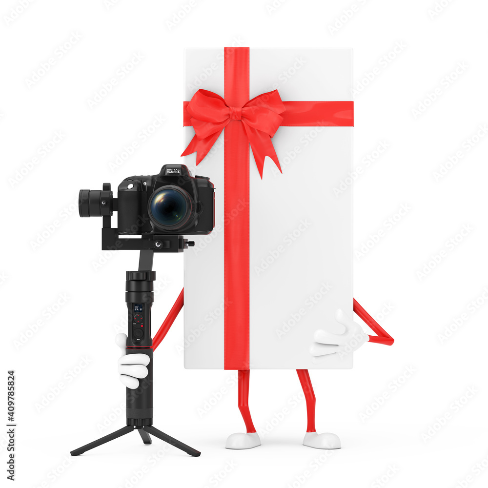 Aufkleber White Gift Box and Red Ribbon Character Mascot with DSLR or Video Camera Gimbal Stabilization Tripod System. 3d Rendering