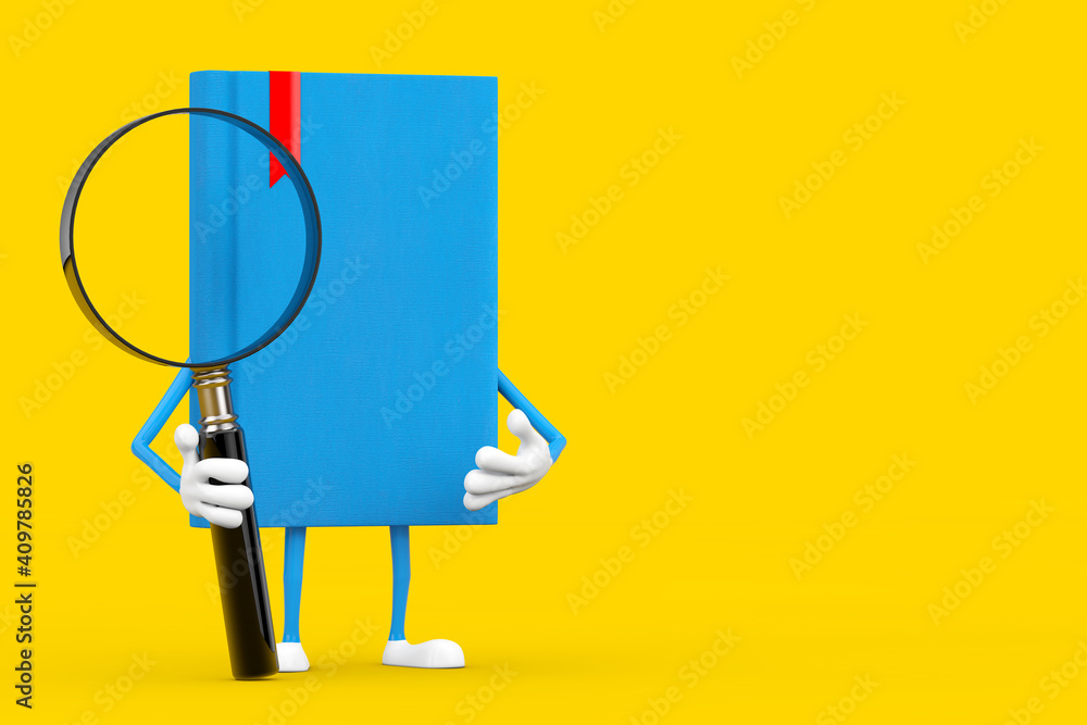 Aufkleber blue book character mascot with magnifying glass. 3d rendering