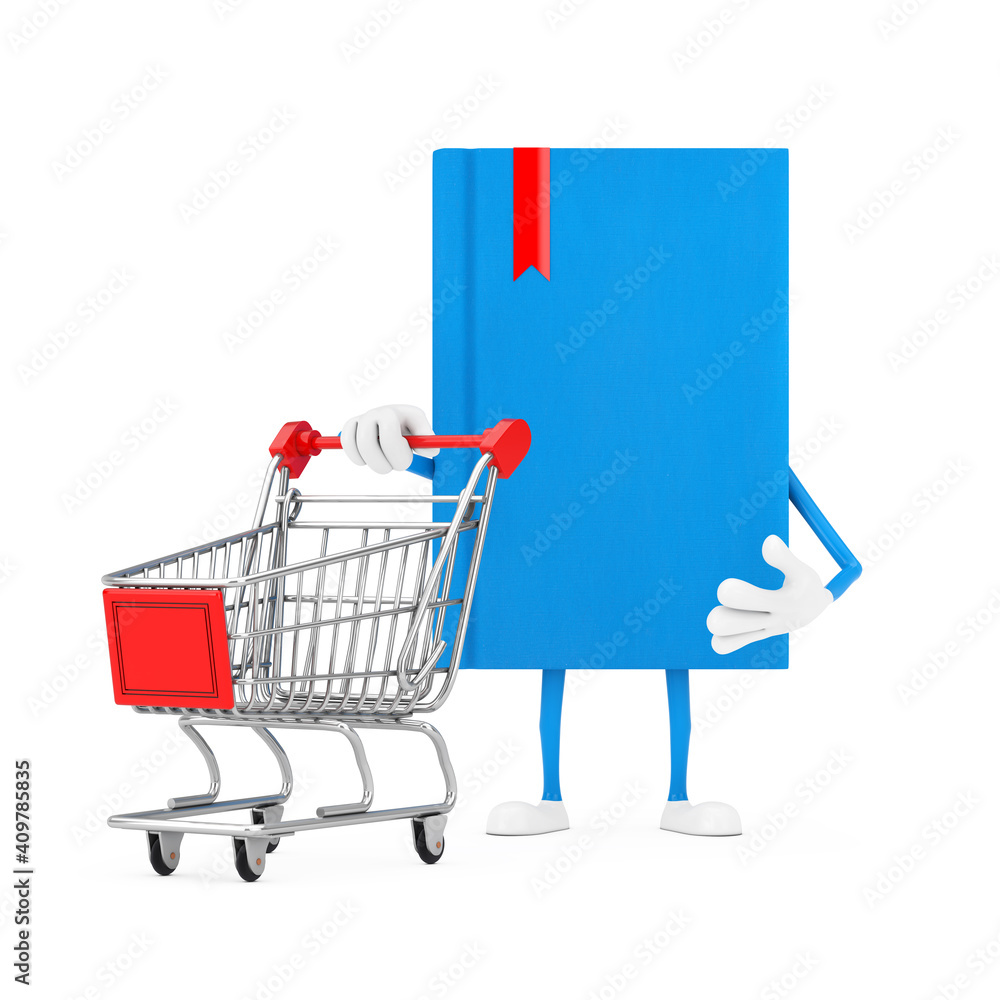 Poster blue book character mascot with shopping cart trolley. 3d rendering