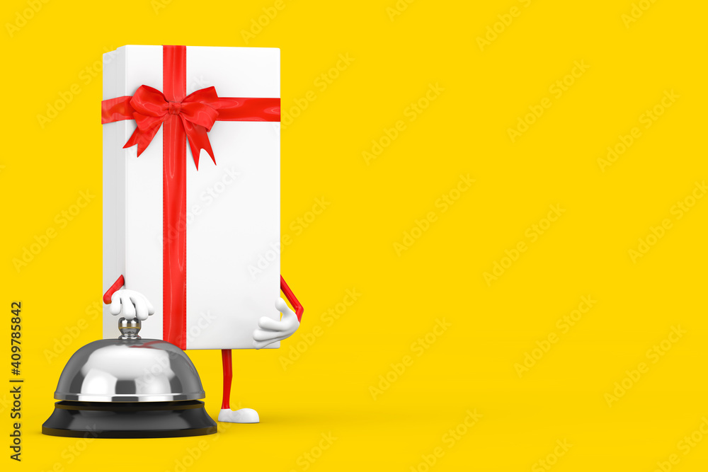 Poster white gift box and red ribbon character mascot with hotel service bell call. 3d rendering