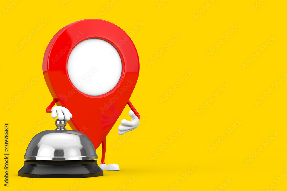 Poster red map pointer target pin character mascot with hotel service bell call. 3d rendering