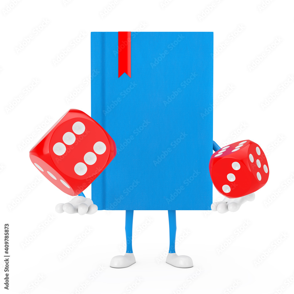 Leinwandbilder blue book character mascot with red game dice cubes in flight. 3d rendering