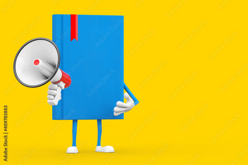 Aufkleber blue book character mascot with red retro megaphone . 3d rendering