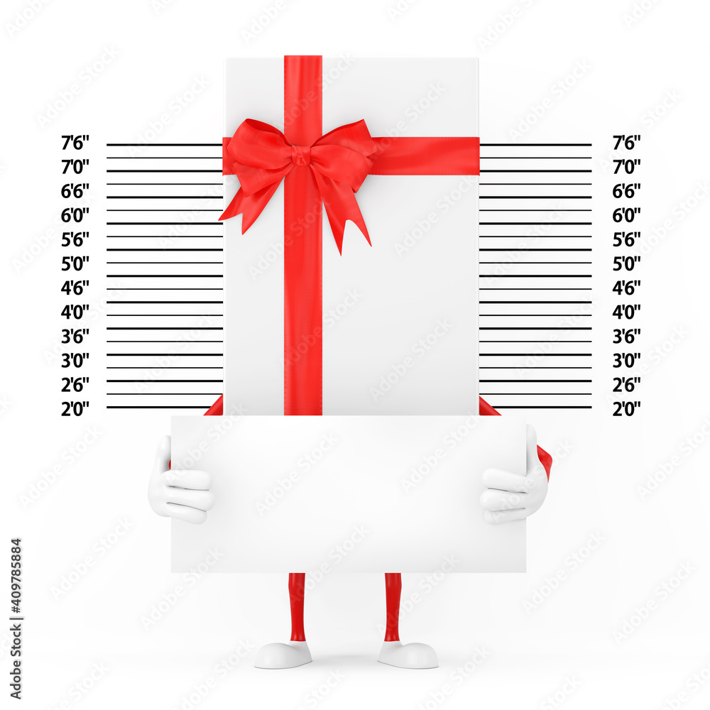 Poster White Gift Box and Red Ribbon Character Mascot with Identification Plate in front of Police Lineup or Mugshot Background. 3d Rendering