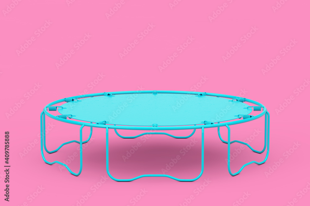 Wall mural Blue Children's and Adult Round Sports Fitness Trampoline in Duotone Style. 3d Rendering