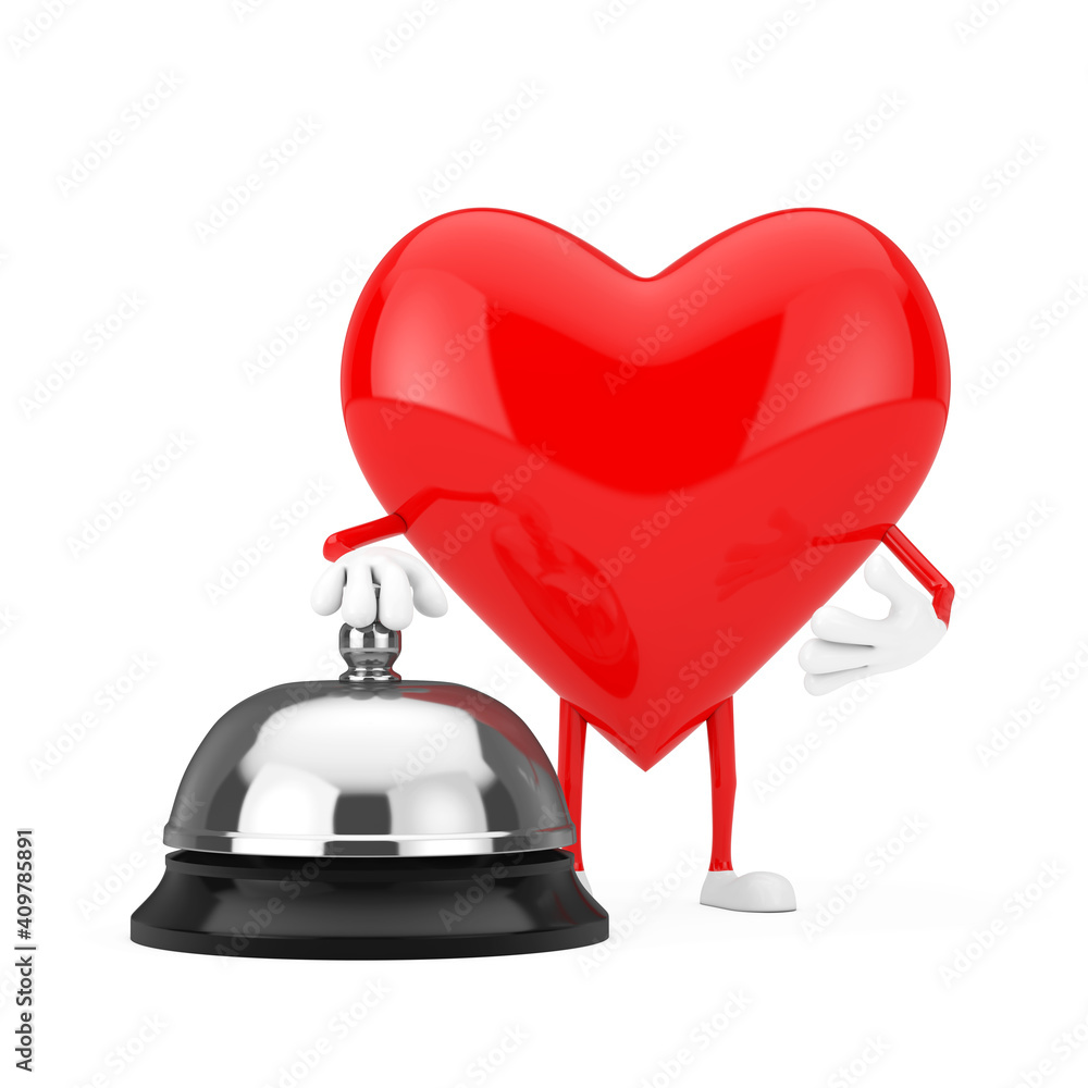 Aufkleber red heart character mascot with hotel service bell call. 3d rendering
