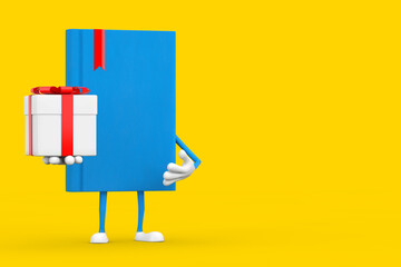 Blue Book Character Mascot with Gift Box and Red Ribbon. 3d Rendering