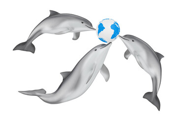 Save the Earth Concept. Tursiops Truncatus Ocean or Sea Bottlenose Dolphins play with Earth Globe. 3d Rendering