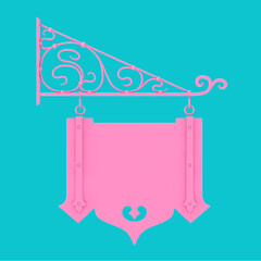 Blank Pink Hanging Sign with Free space for Your Design and Floral Forging Elements in Duotone Style. 3d Rendering