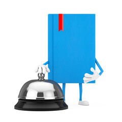 Blue Book Character Mascot with Hotel Service Bell Call. 3d Rendering