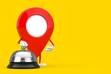 Red Map Pointer Target Pin Character Mascot with Hotel Service Bell Call. 3d Rendering