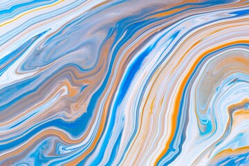 Fluid art texture. Backdrop with abstract swirling paint effect. Liquid acrylic picture with trendy mixed paints. Can be used for website background. Orange and blue overflowing colors
