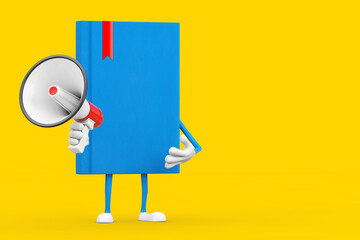 Blue Book Character Mascot with Red Retro Megaphone . 3d Rendering