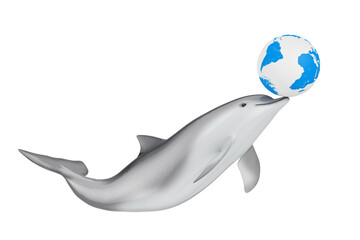 Save the Earth Concept. Tursiops Truncatus Ocean or Sea Bottlenose Dolphin play with Earth Globe. 3d Rendering