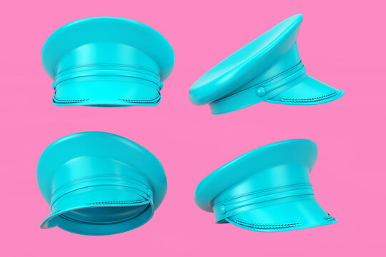 Blank Blue Uniform Hat Or Cap Mockup In Different Position As Duotone Style. 3d Rendering