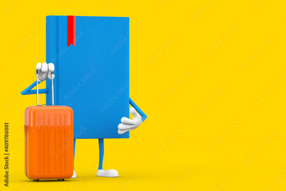 Poster blue book character mascot with orange travel suitcase. 3d rendering
